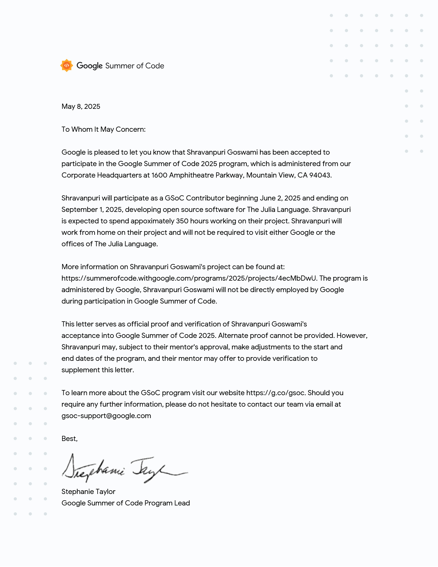 Shravanpuri-Goswami-GSoC-Acceptance-Letter
